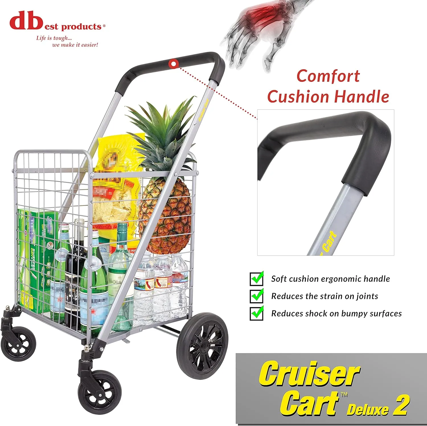 dbest products Cruiser Cart Deluxe 2 Shopping Grocery Rolling Folding Laundry Basket on Wheels Foldable Utility Trolley Compact Lightweight Collapsible, Silver
