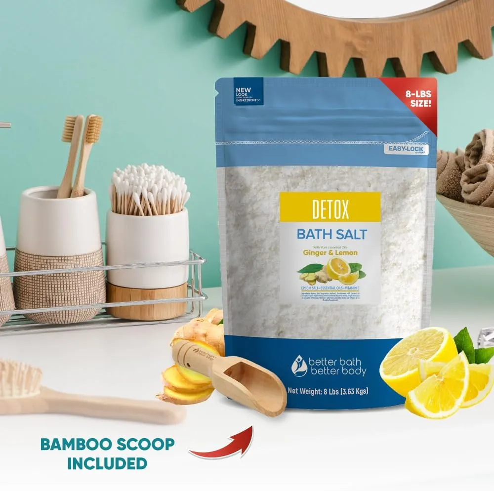 Detox Bath Salt 128 Ounces Epsom Salt with Natural Ginger and Lemon Essential Oils Plus Vitamin C in BPA Free Pouch with Easy Press-Lock Seal
