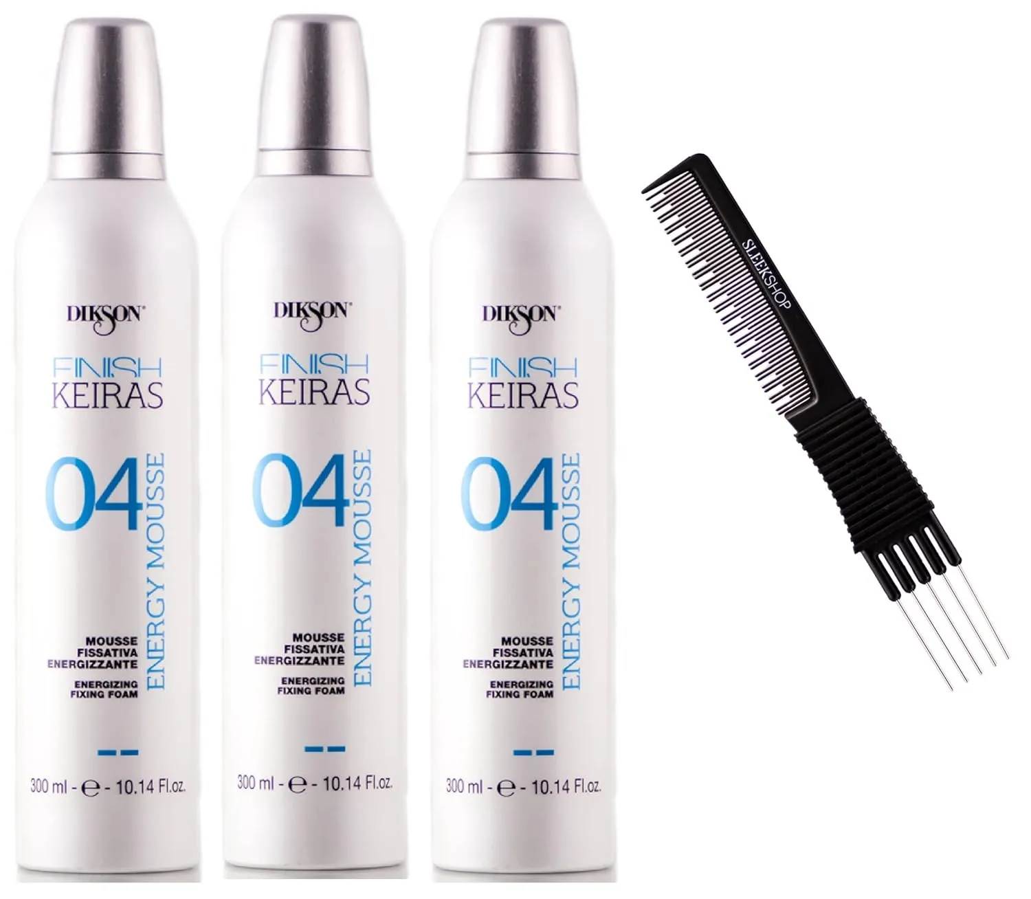 Dikson System FINISH KEIRAS 04 Energy Mousse, Energizing Fixing Foam for Hair Body (w/SIeekshop Premium Carbon Teasing Comb) (10.14 oz (PACK OF 3))
