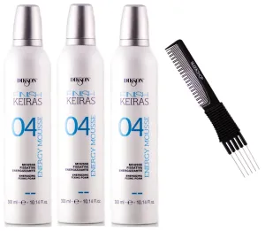 Dikson System FINISH KEIRAS 04 Energy Mousse, Energizing Fixing Foam for Hair Body (w/SIeekshop Premium Carbon Teasing Comb) (10.14 oz (PACK OF 3))