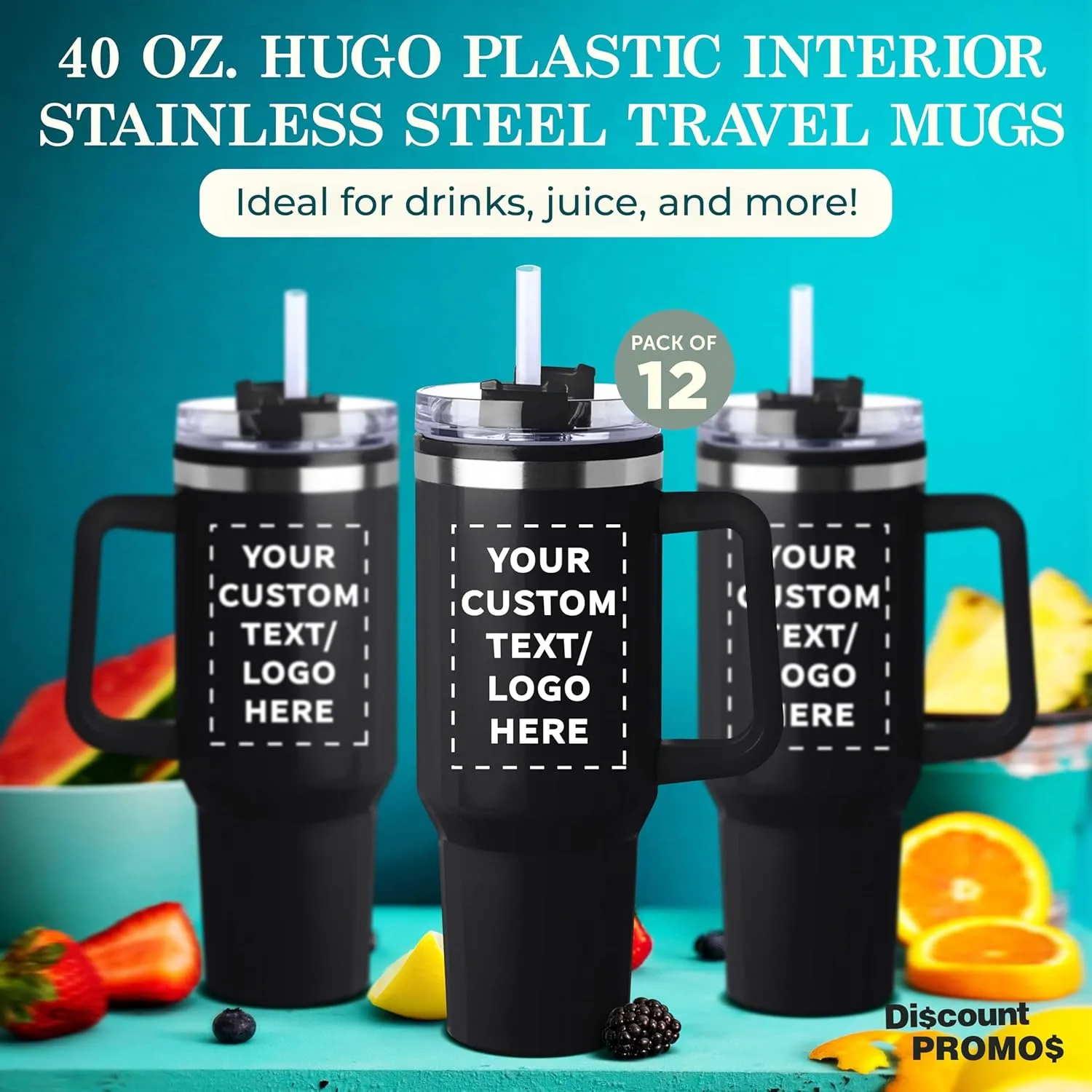 DISCOUNT PROMOS Custom Hugo Plastic Interior Stainless Steel Travel Mugs 40 oz., Set of 12, Personalized Bulk Pack - Ideal for Outdoor Adventures and Daily Commutes, Ideal for Coffee - Black