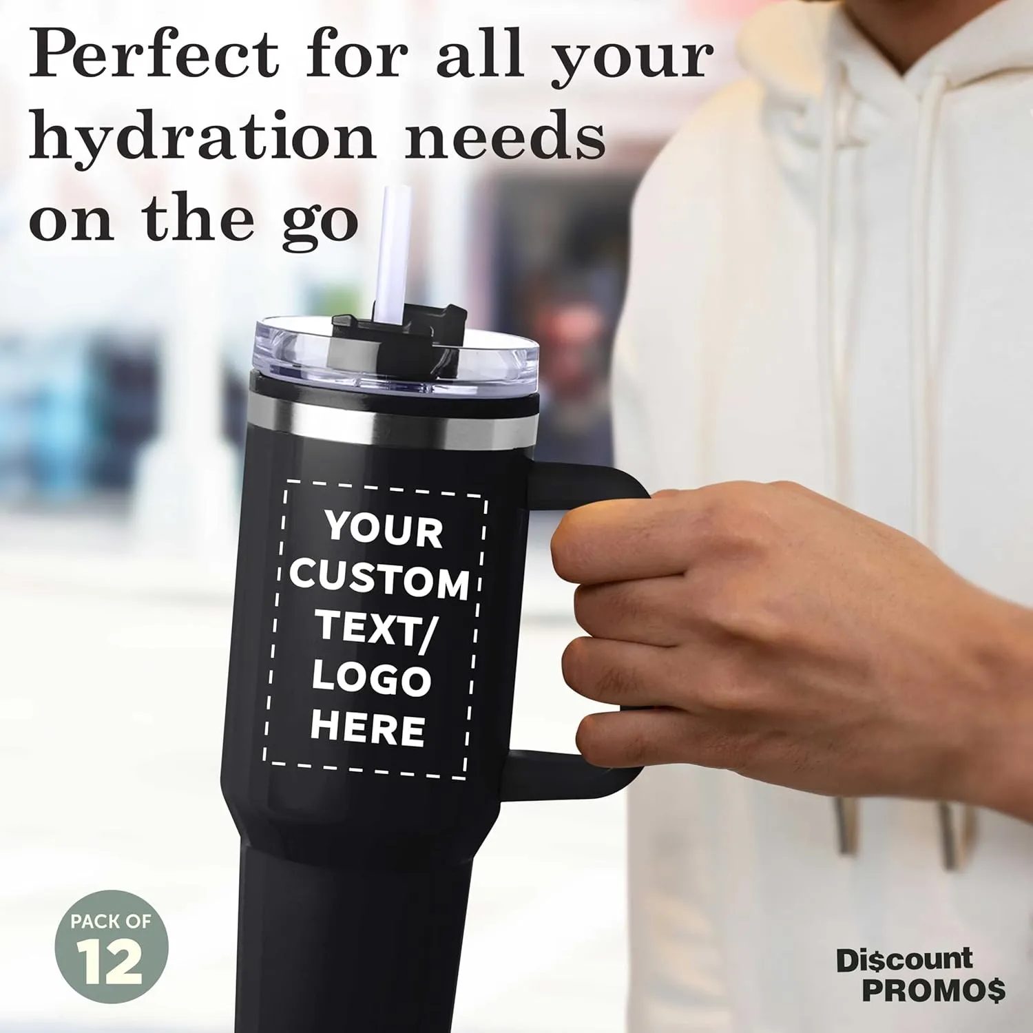 DISCOUNT PROMOS Custom Hugo Plastic Interior Stainless Steel Travel Mugs 40 oz., Set of 12, Personalized Bulk Pack - Ideal for Outdoor Adventures and Daily Commutes, Ideal for Coffee - Black
