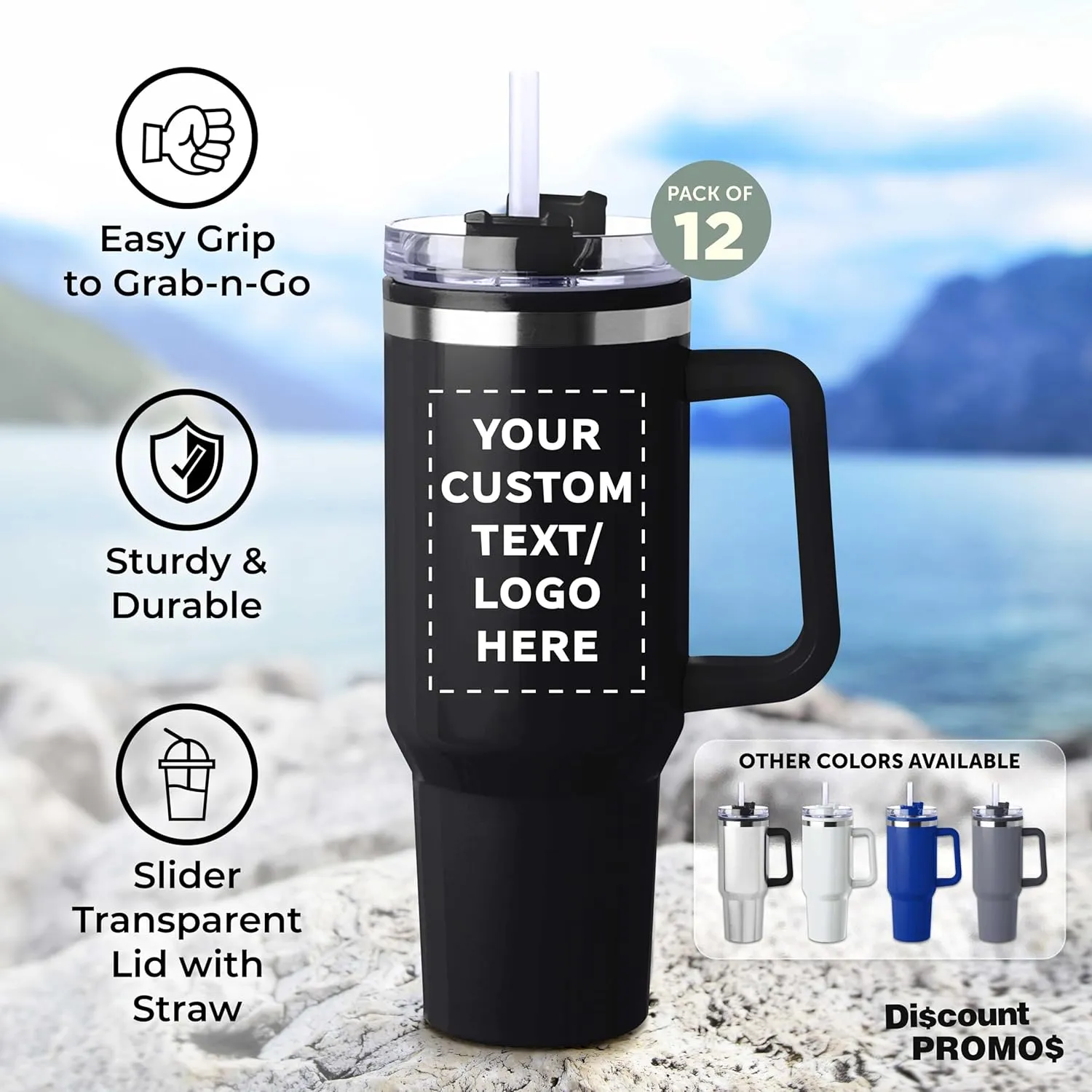DISCOUNT PROMOS Custom Hugo Plastic Interior Stainless Steel Travel Mugs 40 oz., Set of 12, Personalized Bulk Pack - Ideal for Outdoor Adventures and Daily Commutes, Ideal for Coffee - Black