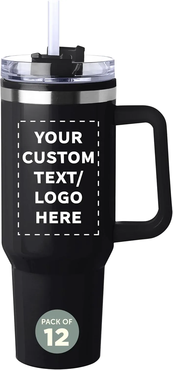 DISCOUNT PROMOS Custom Hugo Plastic Interior Stainless Steel Travel Mugs 40 oz., Set of 12, Personalized Bulk Pack - Ideal for Outdoor Adventures and Daily Commutes, Ideal for Coffee - Black