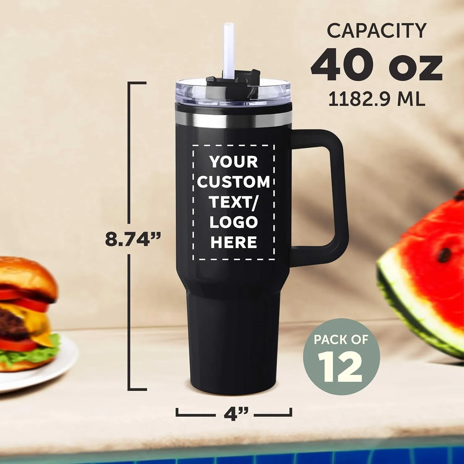 DISCOUNT PROMOS Custom Hugo Plastic Interior Stainless Steel Travel Mugs 40 oz., Set of 12, Personalized Bulk Pack - Ideal for Outdoor Adventures and Daily Commutes, Ideal for Coffee - Black