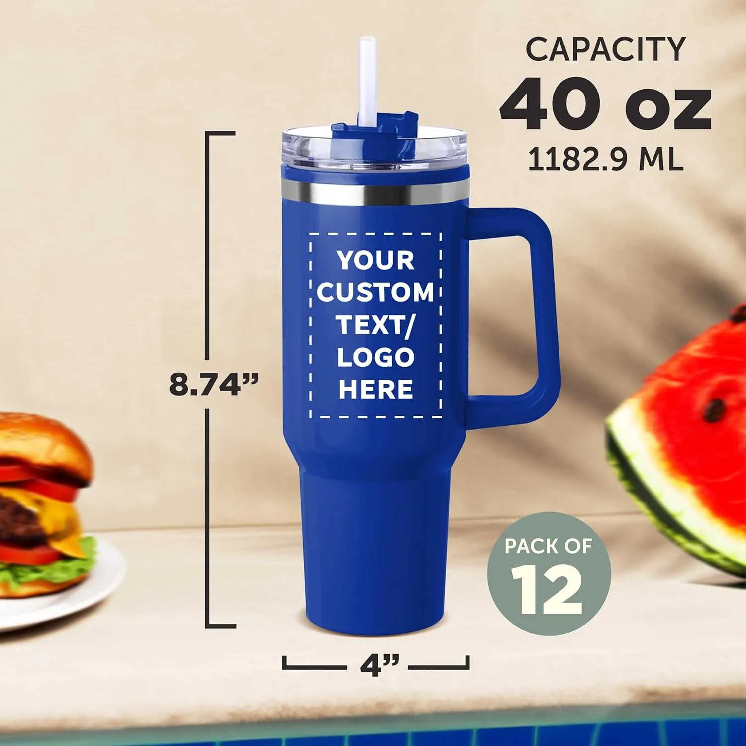 DISCOUNT PROMOS Custom Hugo Plastic Interior Stainless Steel Travel Mugs 40 oz., Set of 12, Personalized Bulk Pack - Ideal for Outdoor Adventures and Daily Commutes, Ideal for Coffee - Blue