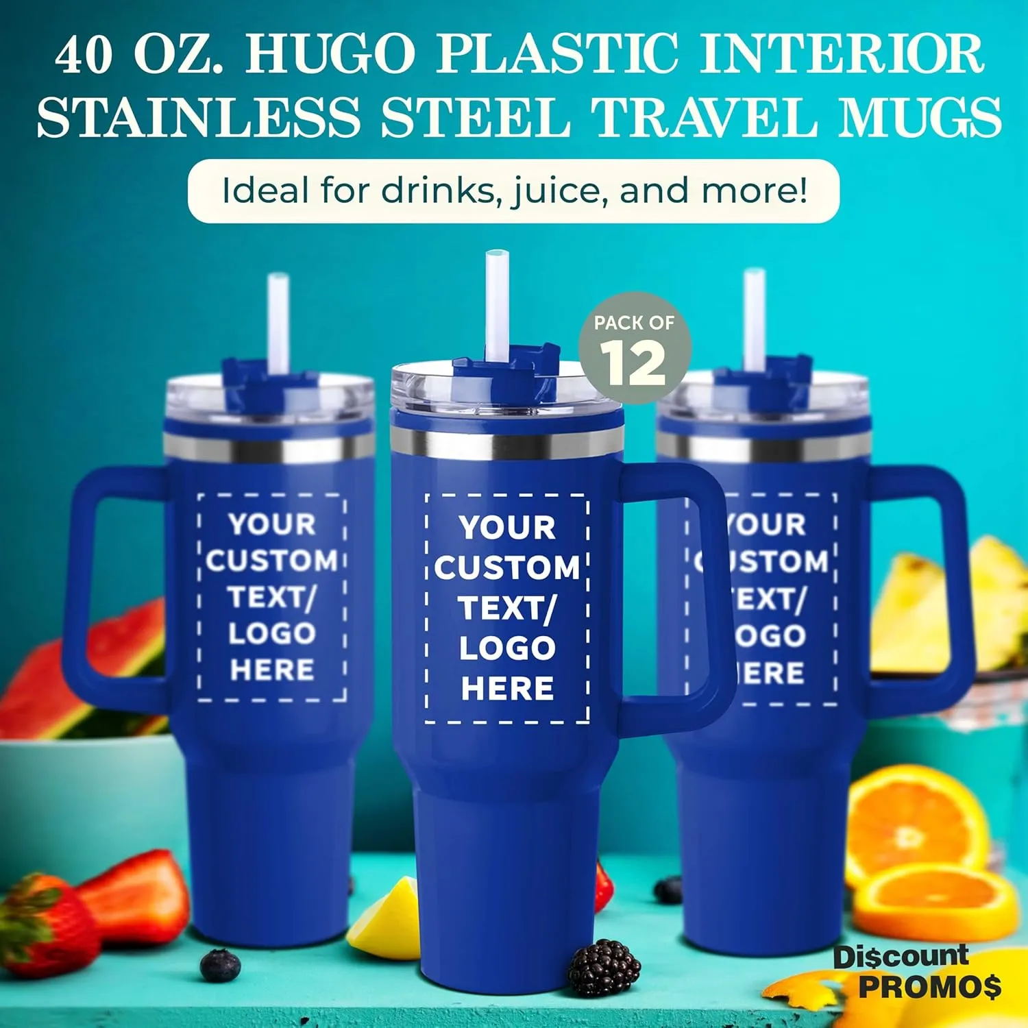DISCOUNT PROMOS Custom Hugo Plastic Interior Stainless Steel Travel Mugs 40 oz., Set of 12, Personalized Bulk Pack - Ideal for Outdoor Adventures and Daily Commutes, Ideal for Coffee - Blue