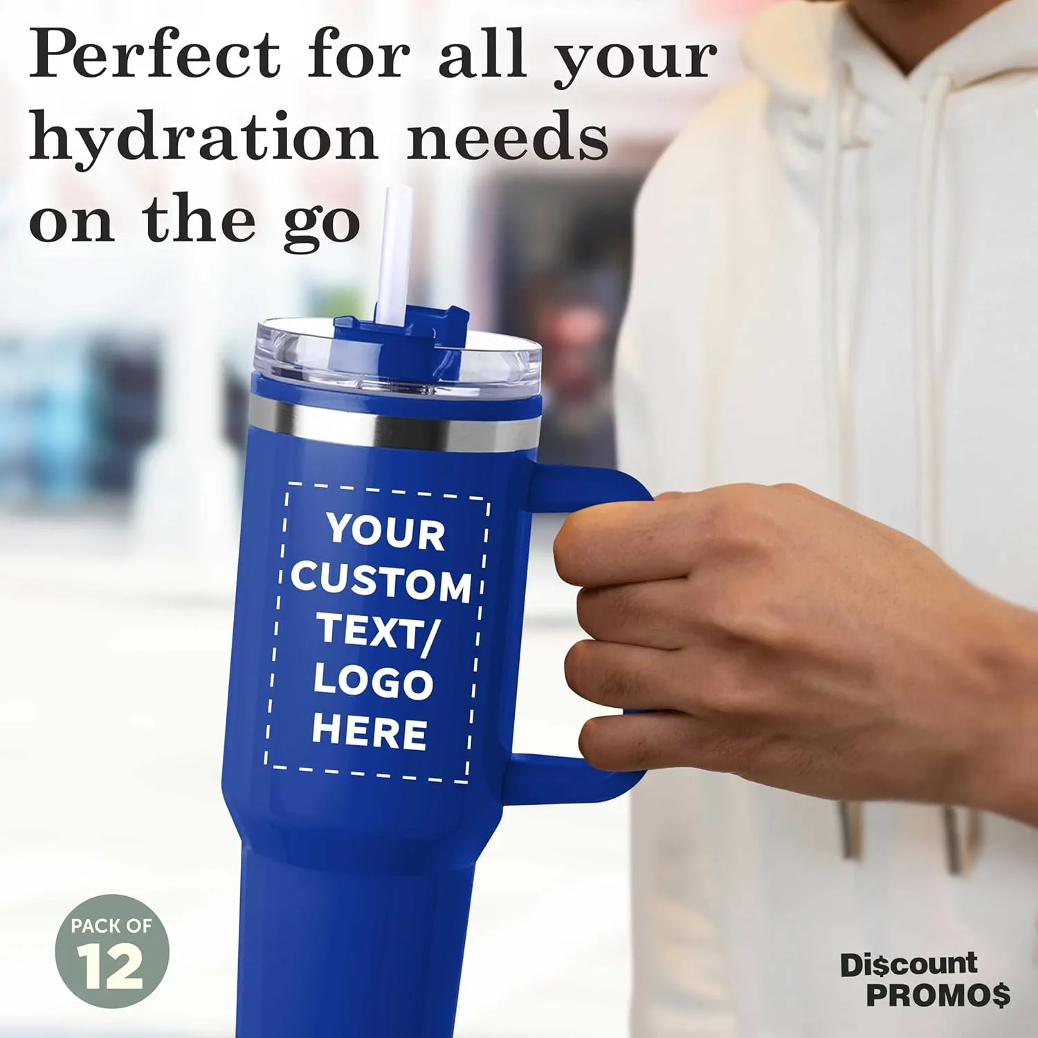 DISCOUNT PROMOS Custom Hugo Plastic Interior Stainless Steel Travel Mugs 40 oz., Set of 12, Personalized Bulk Pack - Ideal for Outdoor Adventures and Daily Commutes, Ideal for Coffee - Blue