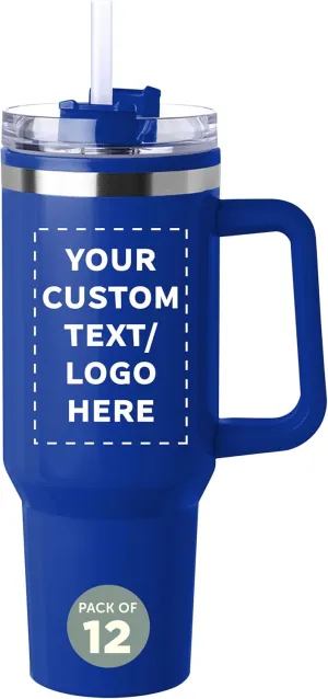 DISCOUNT PROMOS Custom Hugo Plastic Interior Stainless Steel Travel Mugs 40 oz., Set of 12, Personalized Bulk Pack - Ideal for Outdoor Adventures and Daily Commutes, Ideal for Coffee - Blue
