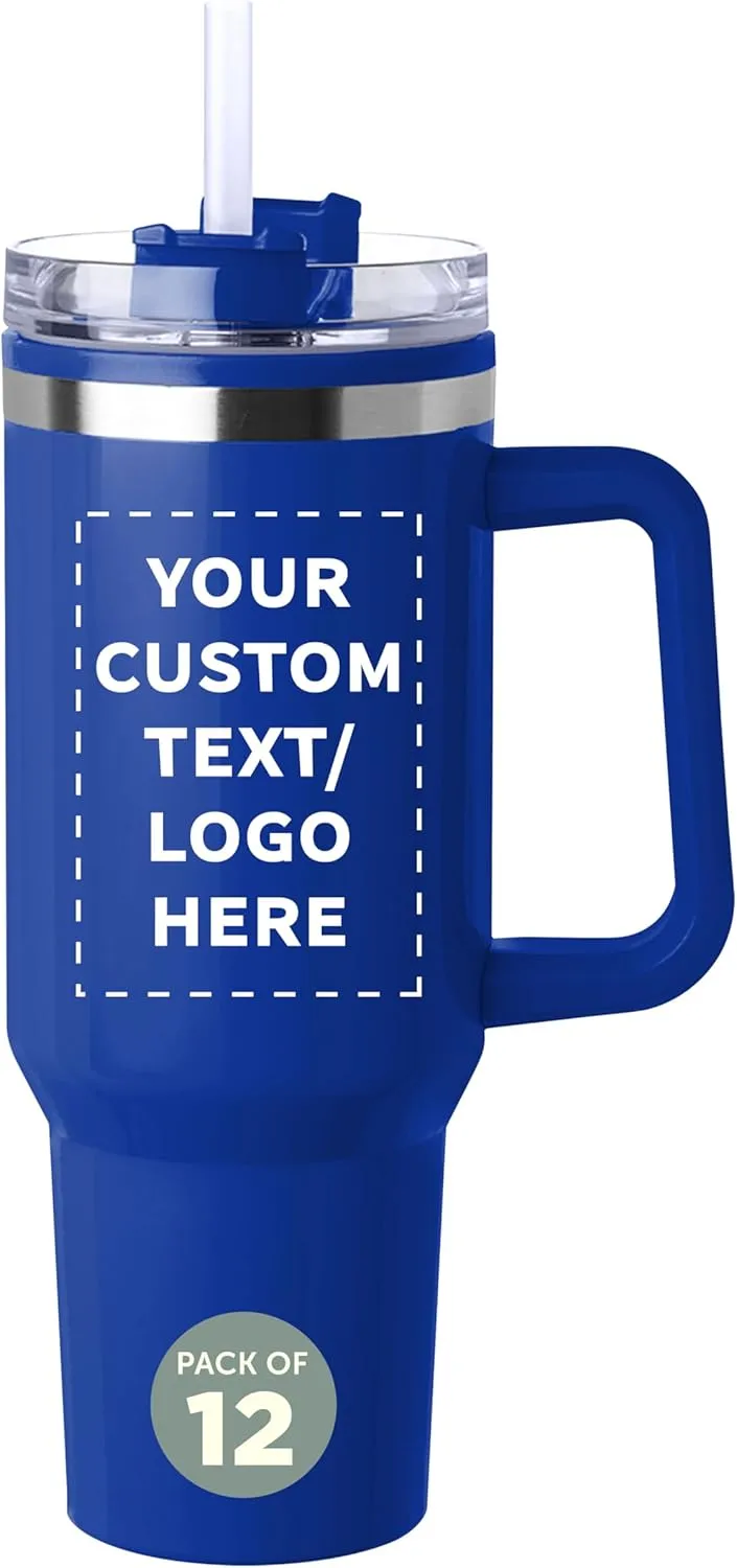 DISCOUNT PROMOS Custom Hugo Plastic Interior Stainless Steel Travel Mugs 40 oz., Set of 12, Personalized Bulk Pack - Ideal for Outdoor Adventures and Daily Commutes, Ideal for Coffee - Blue