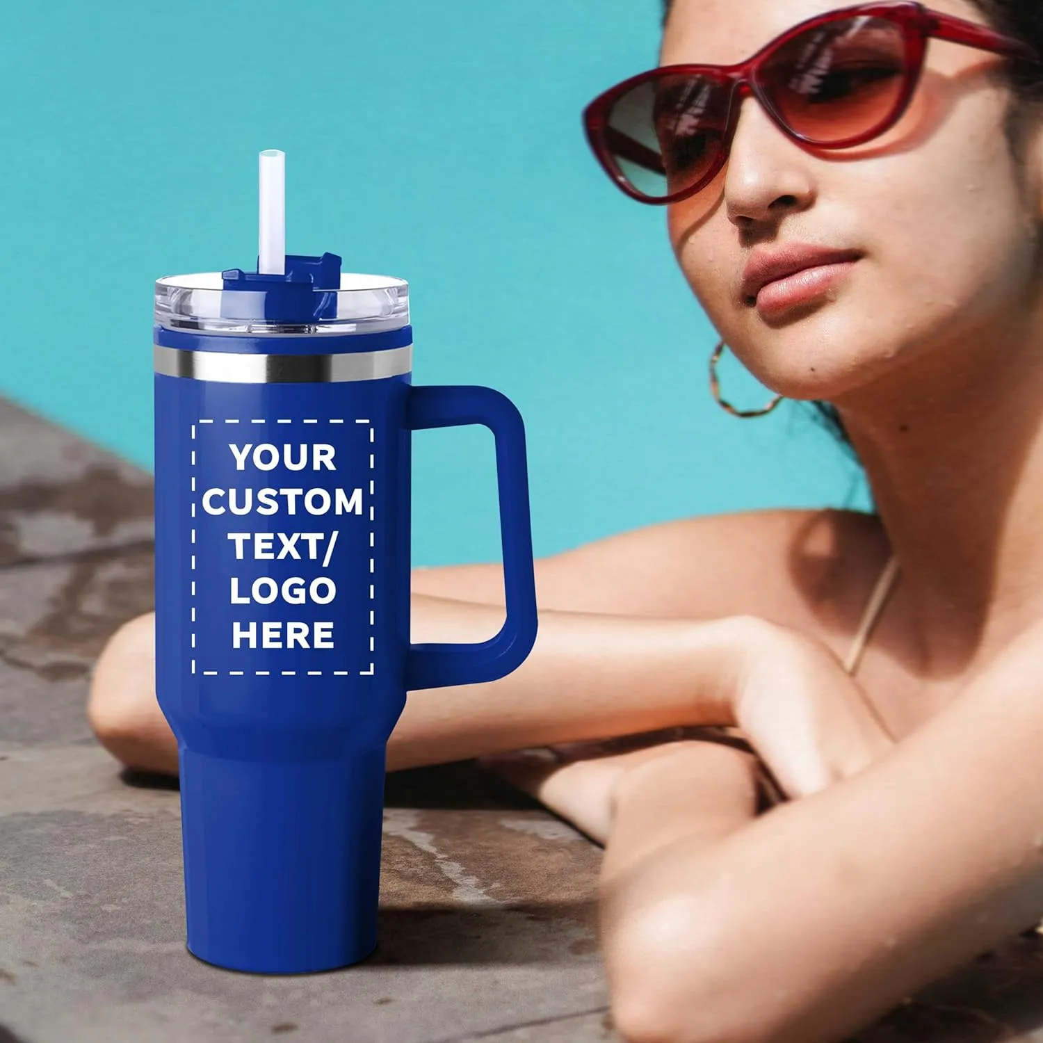 DISCOUNT PROMOS Custom Hugo Plastic Interior Stainless Steel Travel Mugs 40 oz., Set of 12, Personalized Bulk Pack - Ideal for Outdoor Adventures and Daily Commutes, Ideal for Coffee - Blue