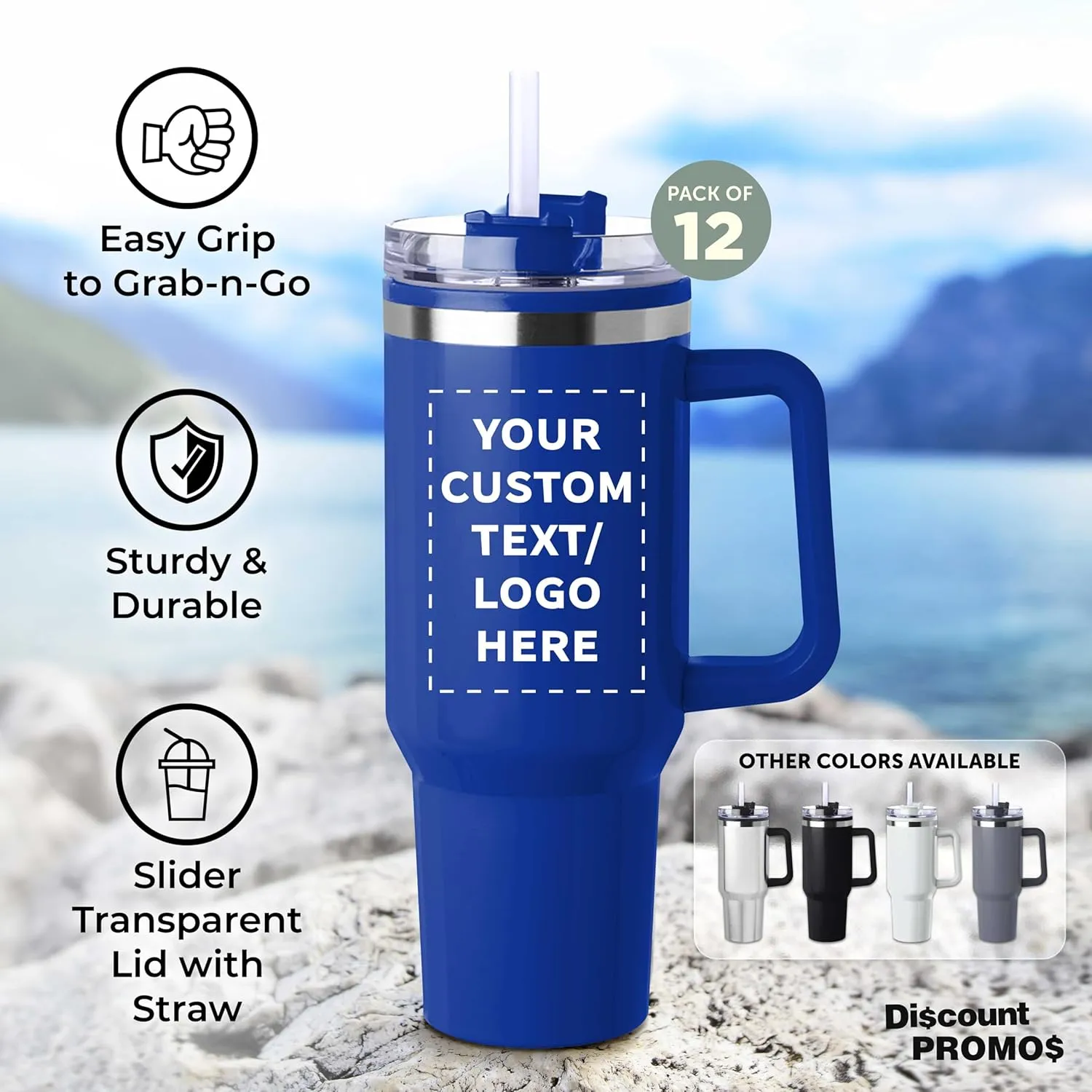 DISCOUNT PROMOS Custom Hugo Plastic Interior Stainless Steel Travel Mugs 40 oz., Set of 12, Personalized Bulk Pack - Ideal for Outdoor Adventures and Daily Commutes, Ideal for Coffee - Blue