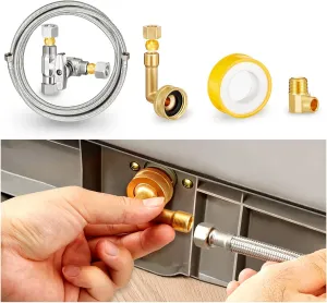Dishwasher Hose Installation Kit - Includes Water Supply Line, 3/8" Compression Water Splitter, 3/4" FHT Elbow, and 3/8" MIP Elbow (12 FT)