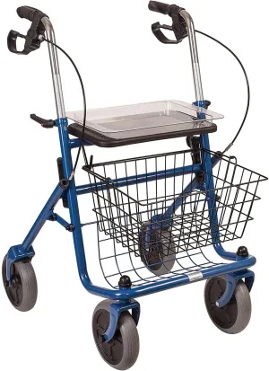 DMI Steel Rollator Walker with Padded Seat, Adjustable Handle Height, Removable Storage Basket, FSA and HSA Eligible, Handbrakes, Blue
