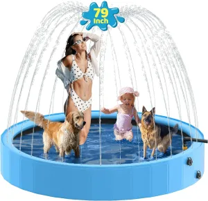 Dog Pool with Sprinkler, 79'' Foldable Dog Pools for Large Dogs, 2-in-1 Sprinkler Pool Heavy Duty, PVC Non Slip Pet Bathing Tub for Outdoor Backyard, Blue