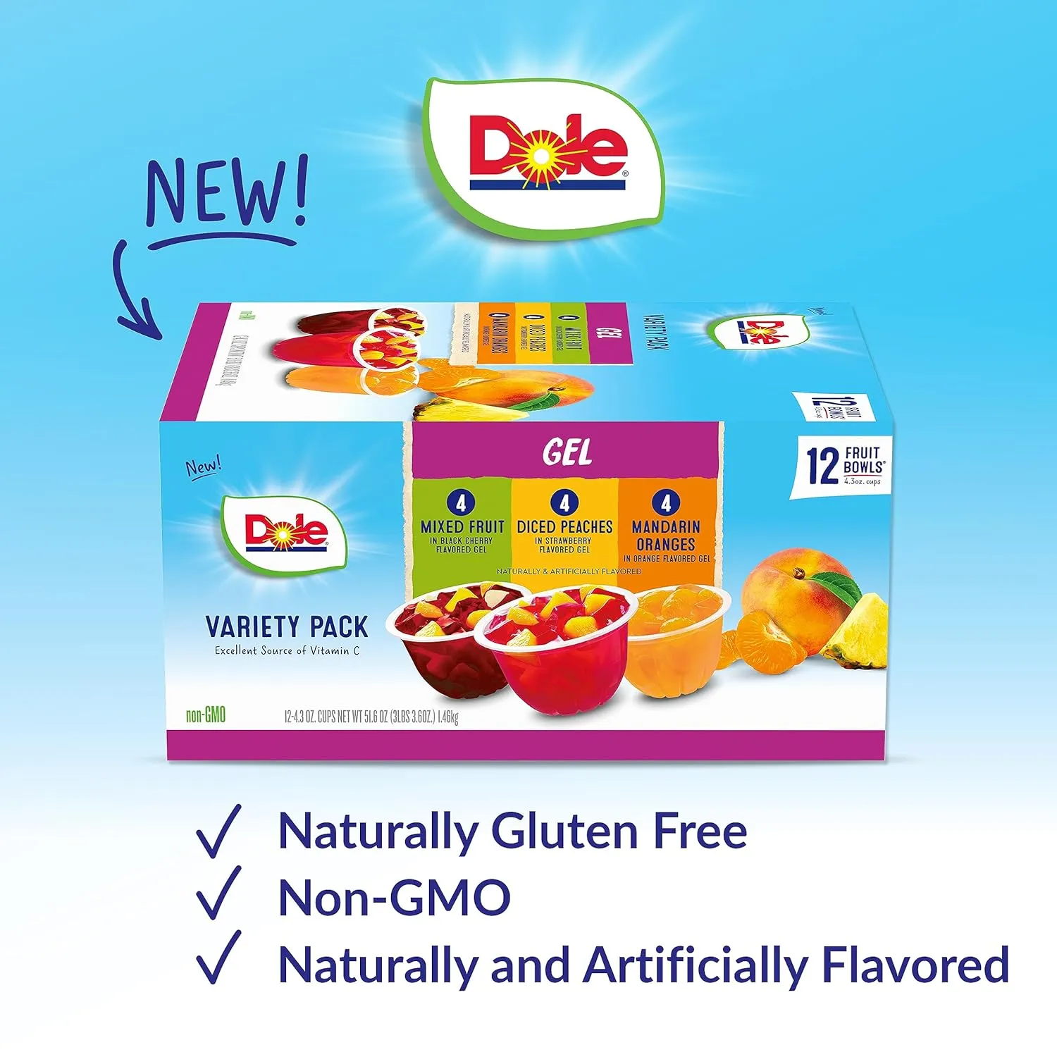 Dole Fruit Bowls In Gel Variety Pack Snacks, Peaches, Mixed Fruit, Mandarin Oranges, 4oz 12 Total Cups, Gluten & Dairy Free, Bulk Lunch Snacks for Kids & Adults (Pack of 2)