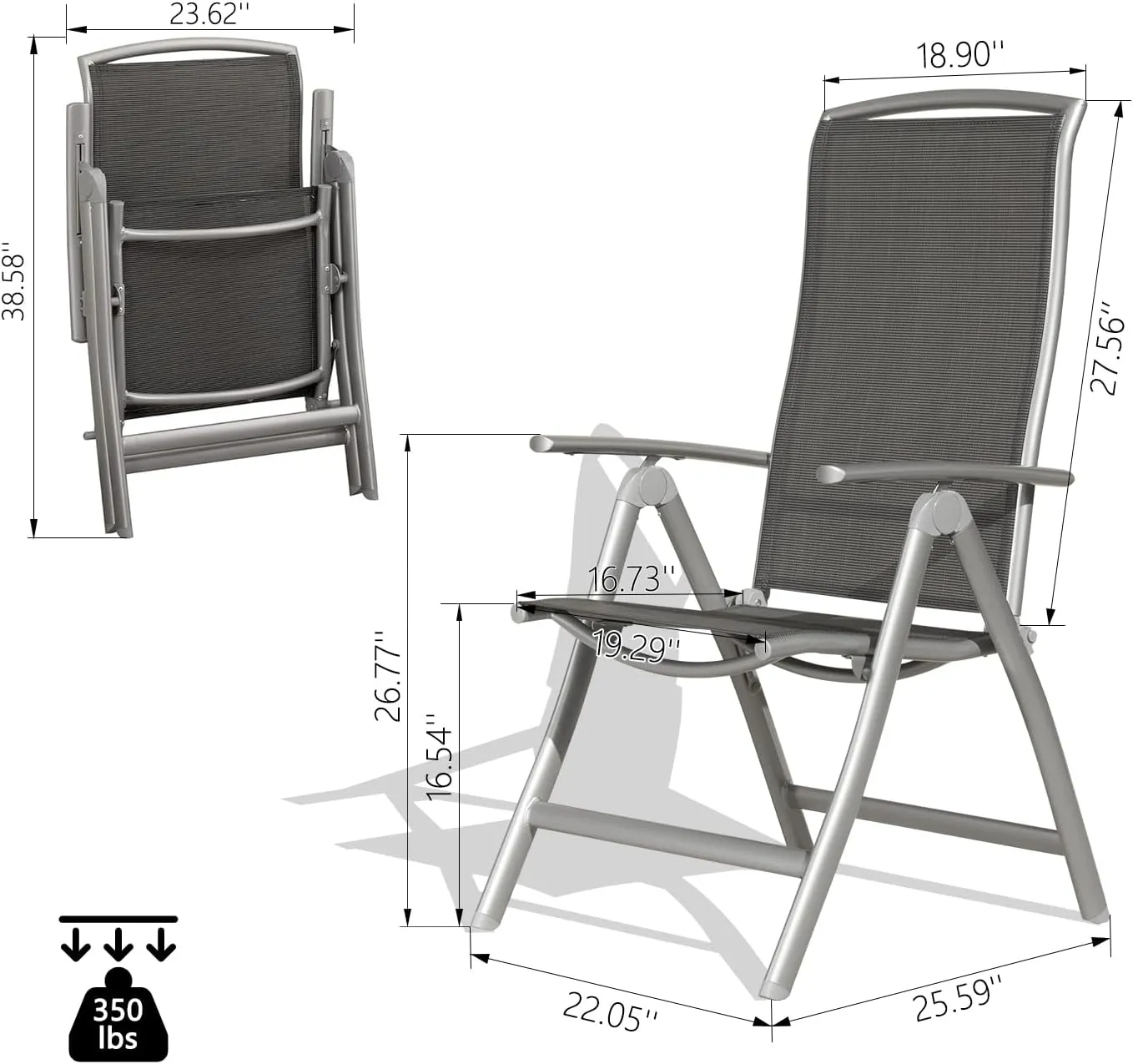 Domi Patio 2-Pack Folding Lounge Chairs - Adjustable Reclining Outdoor Chairs with Aluminum Frame & Textilene Seat for Patio, Pool, Beach, Camping