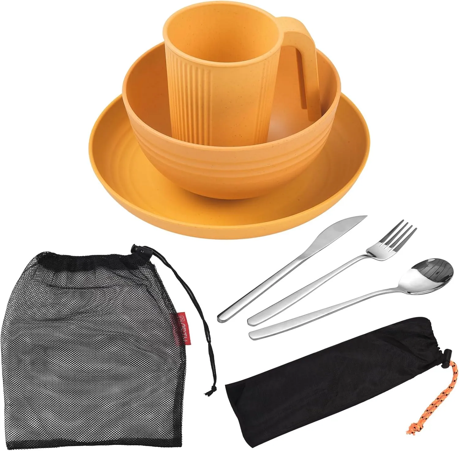 doorslay Camping Utensils Set for 2 Portable Wheat Straw Mess Kit with Bowl Plate Cup Fork Knife Spoon Camping Cooking Utensils