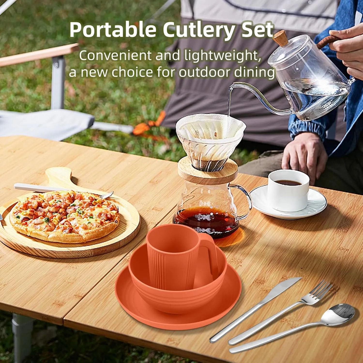 doorslay Camping Utensils Set for 2 Portable Wheat Straw Mess Kit with Bowl Plate Cup Fork Knife Spoon Camping Cooking Utensils
