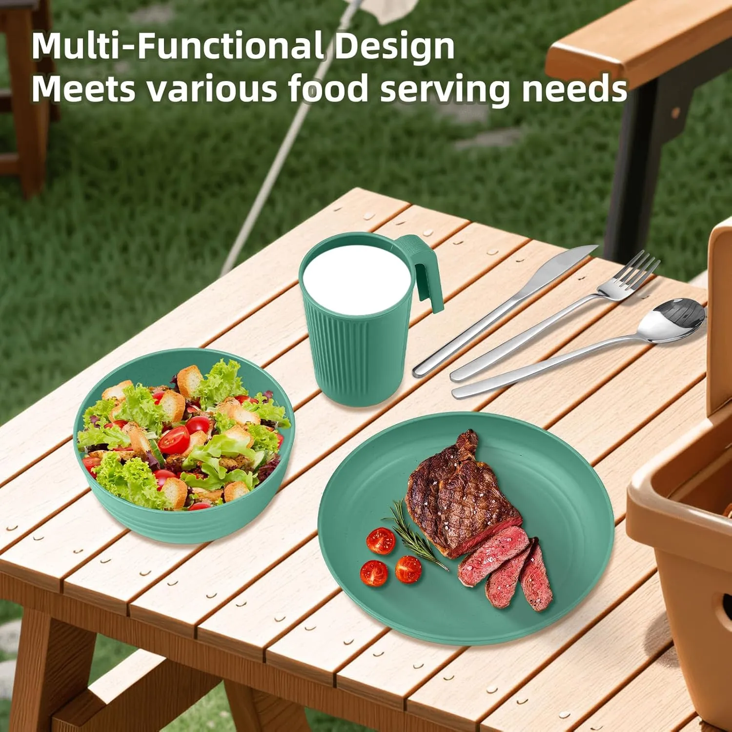 doorslay Camping Utensils Set for 2 Portable Wheat Straw Mess Kit with Bowl Plate Cup Fork Knife Spoon Camping Cooking Utensils