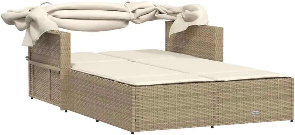 Double Sun Lounger with Canopy and Cushions Beige Poly Rattanpatio Chairs Camping Chairs Tanning Chair Recliner chairSuitable for Gardens, courtyards