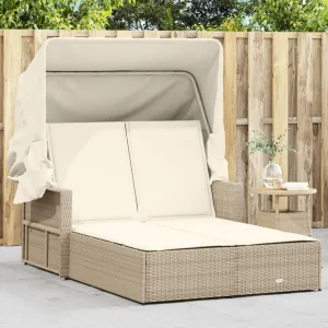 Double Sun Lounger with Canopy and Cushions Beige Poly Rattanpatio Chairs Camping Chairs Tanning Chair Recliner chairSuitable for Gardens, courtyards