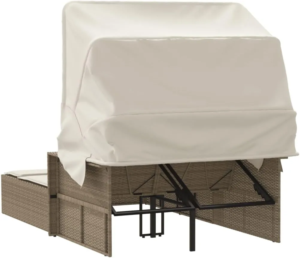 Double Sun Lounger with Canopy and Cushions Beige Poly Rattanpatio Chairs Camping Chairs Tanning Chair Recliner chairSuitable for Gardens, courtyards