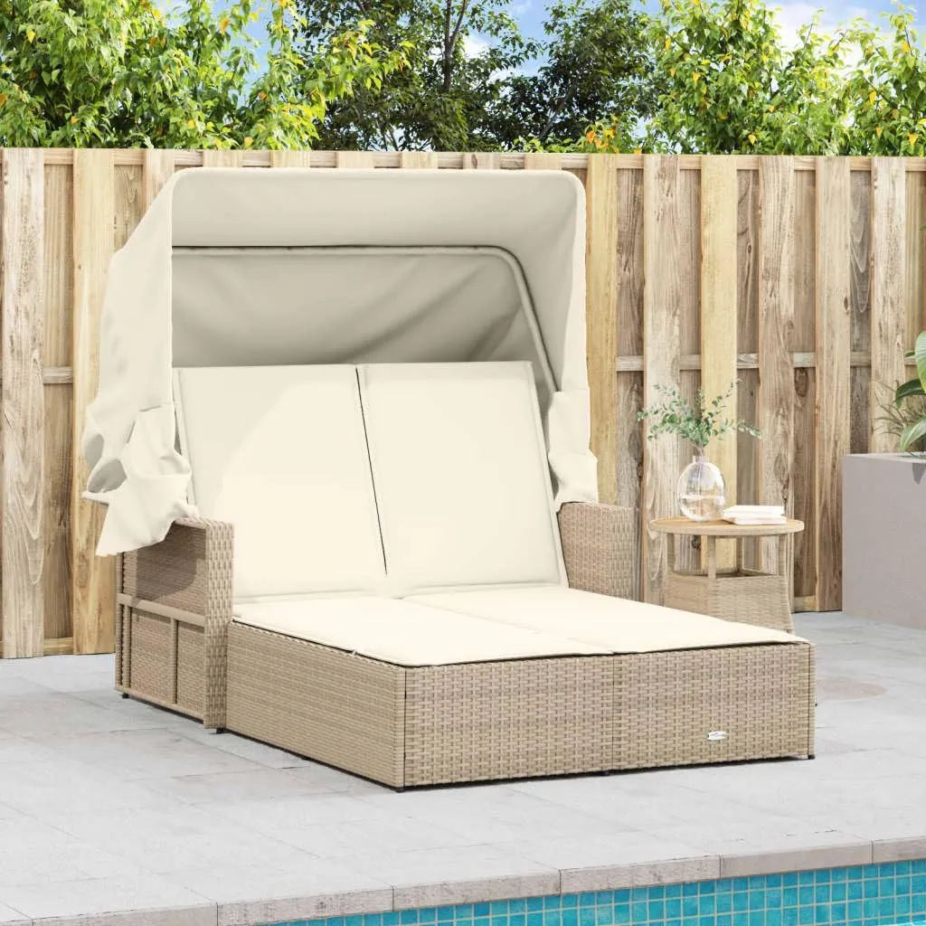 Double Sun Lounger with Canopy and Cushions Beige Poly Rattanpatio Chairs Camping Chairs Tanning Chair Recliner chairSuitable for Gardens, courtyards