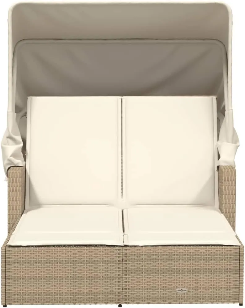 Double Sun Lounger with Canopy and Cushions Beige Poly Rattanpatio Chairs Camping Chairs Tanning Chair Recliner chairSuitable for Gardens, courtyards