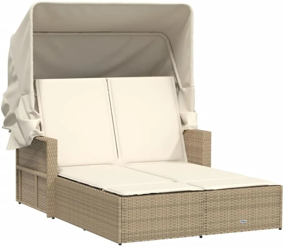 Double Sun Lounger with Canopy and Cushions Beige Poly Rattanpatio Chairs Camping Chairs Tanning Chair Recliner chairSuitable for Gardens, courtyards