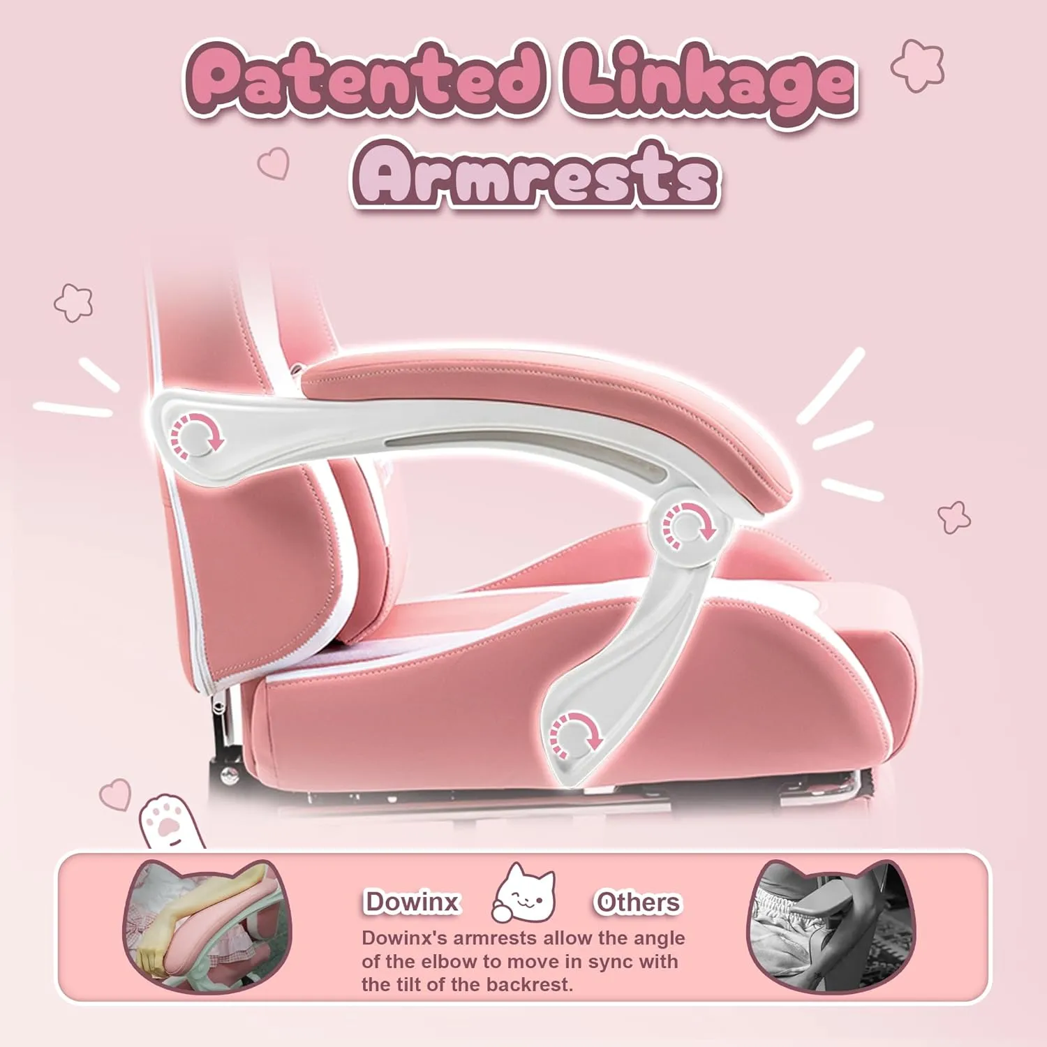 Dowinx Gaming Chair Cute with Cat Ears and Massage Lumbar Support, Ergonomic Computer Chair for Girl with Footrest and Headrest, Comfortable Reclining Game Chair 290lbs for Adult, Teen, Pink