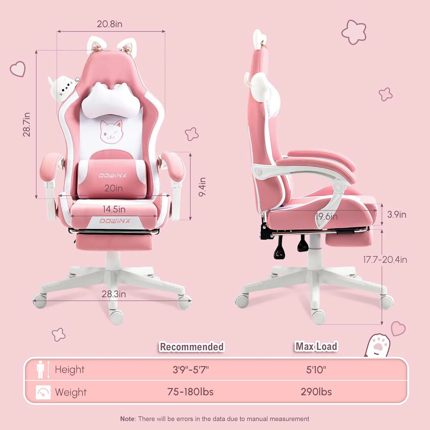 Dowinx Gaming Chair Cute with Cat Ears and Massage Lumbar Support, Ergonomic Computer Chair for Girl with Footrest and Headrest, Comfortable Reclining Game Chair 290lbs for Adult, Teen, Pink