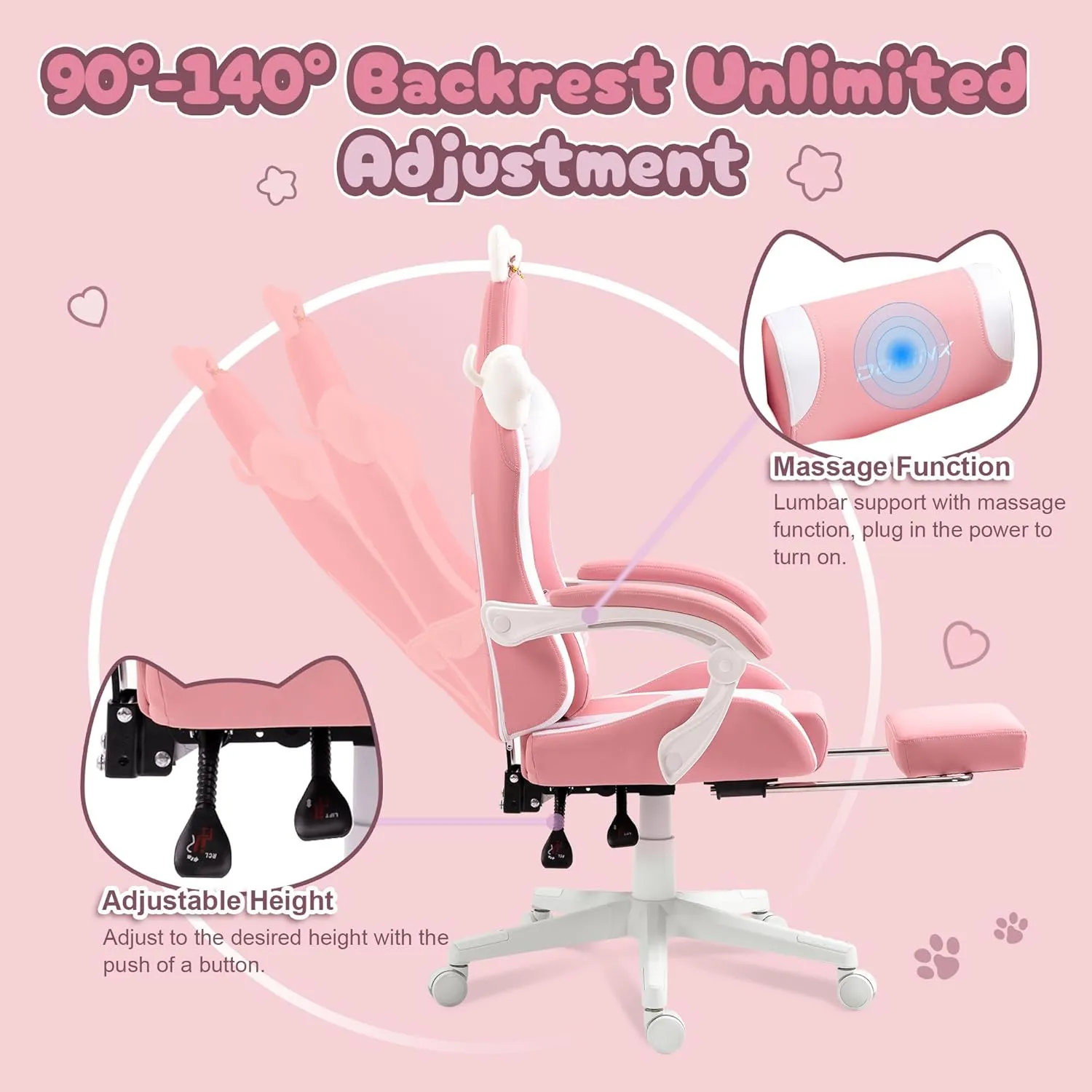 Dowinx Gaming Chair Cute with Cat Ears and Massage Lumbar Support, Ergonomic Computer Chair for Girl with Footrest and Headrest, Comfortable Reclining Game Chair 290lbs for Adult, Teen, Pink
