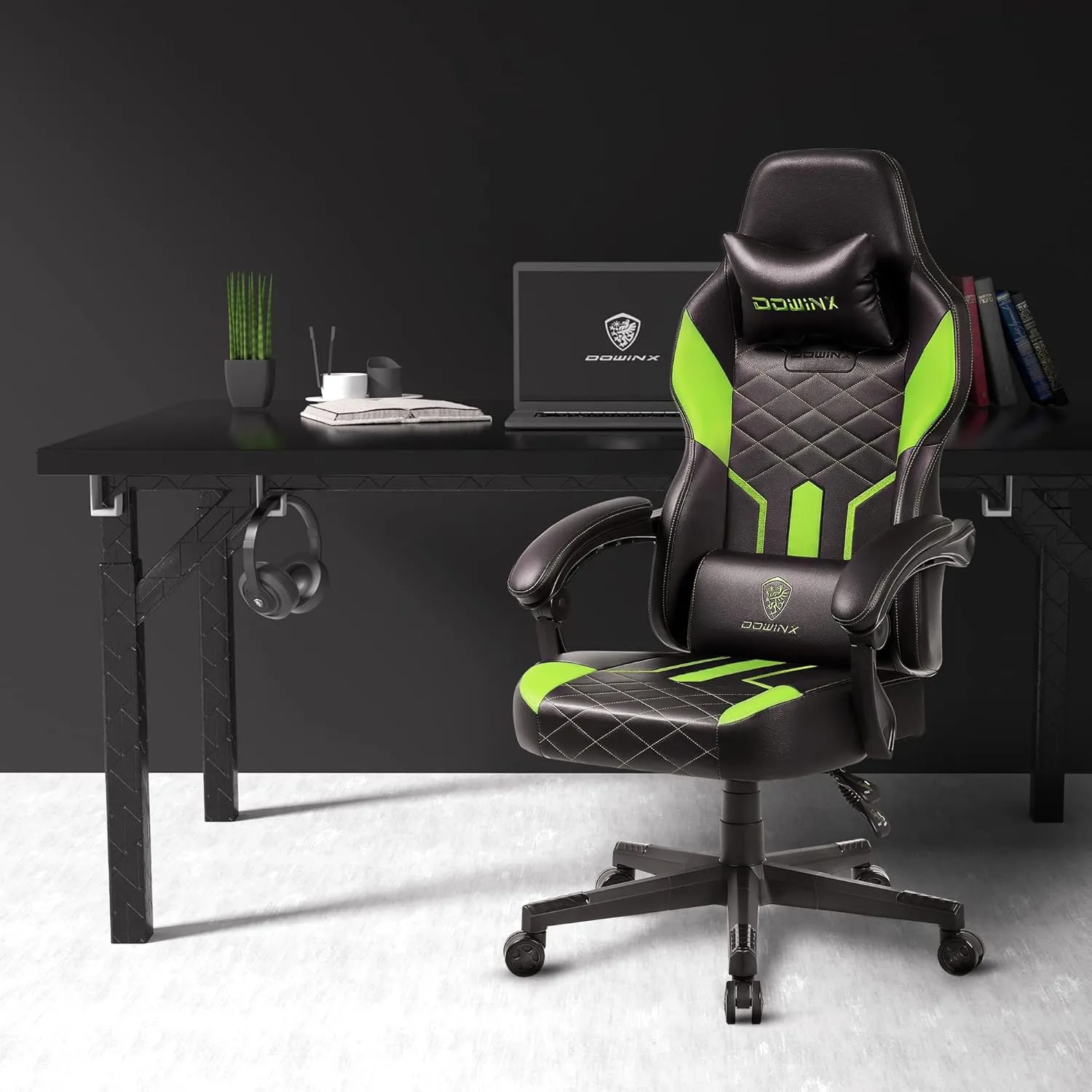 Dowinx Gaming Chair with Pocket Spring Cushion, Ergonomic Computer Chair High Back, Reclining Game Chair Pu Leather 350LBS, Green