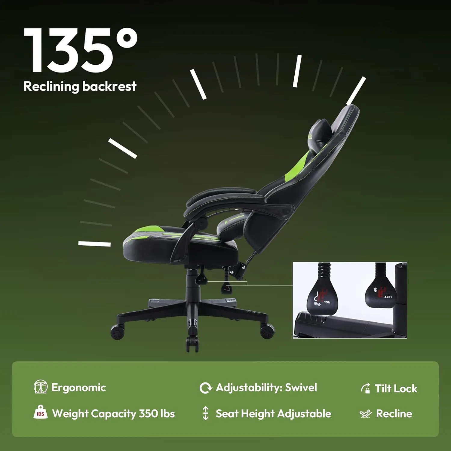 Dowinx Gaming Chair with Pocket Spring Cushion, Ergonomic Computer Chair High Back, Reclining Game Chair Pu Leather 350LBS, Green