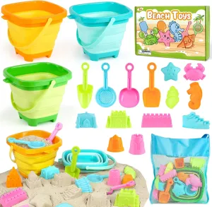 Dreamon Beach Toys for Kids 3-10, Collapsible Sand Toys Include 3 Pack Foldable Buckets, 24 PCS Beach Mold and Shovels Molds, Travel Sandbox Beach Toys for Kids Toddler with Mesh Bag