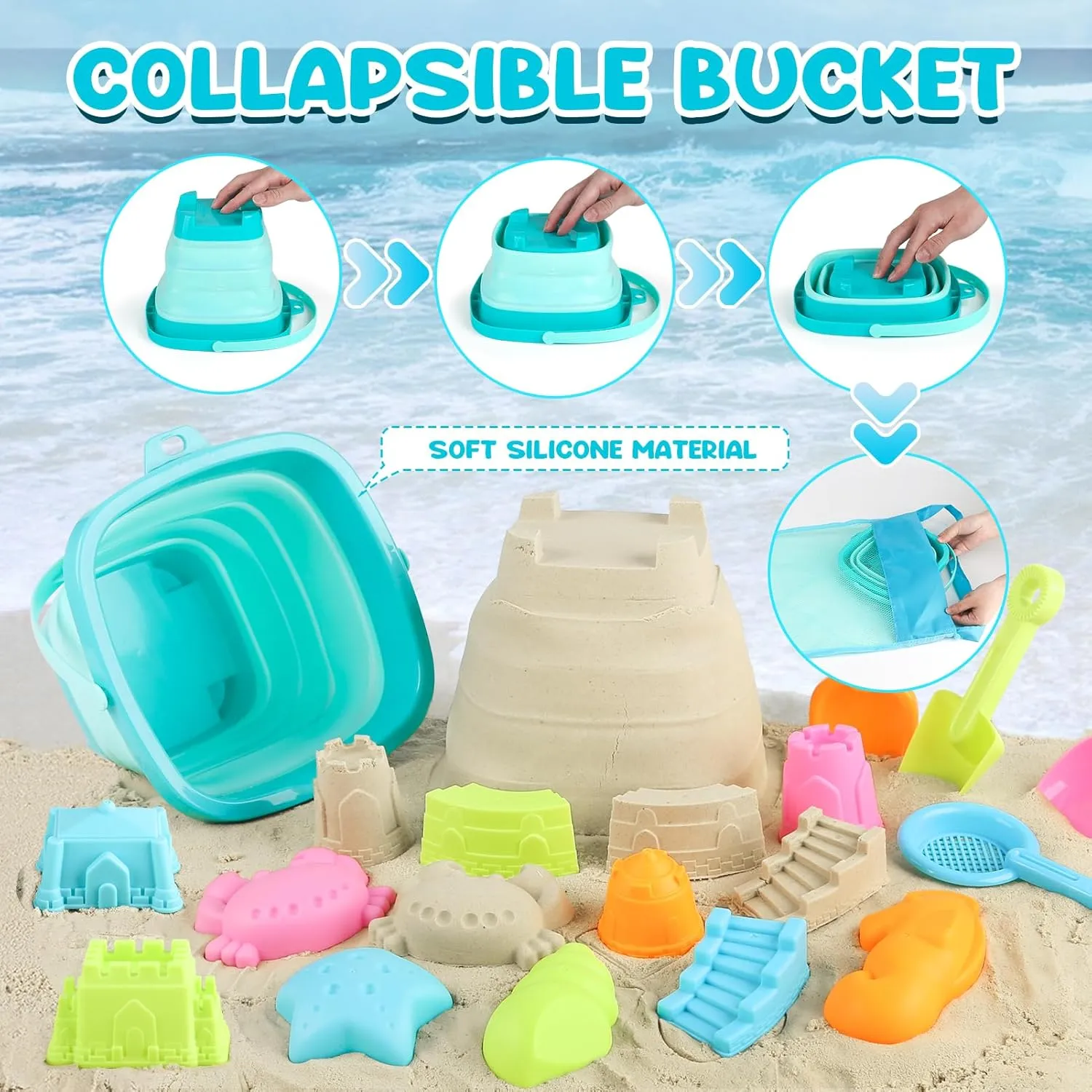 Dreamon Beach Toys for Kids 3-10, Collapsible Sand Toys Include 3 Pack Foldable Buckets, 24 PCS Beach Mold and Shovels Molds, Travel Sandbox Beach Toys for Kids Toddler with Mesh Bag