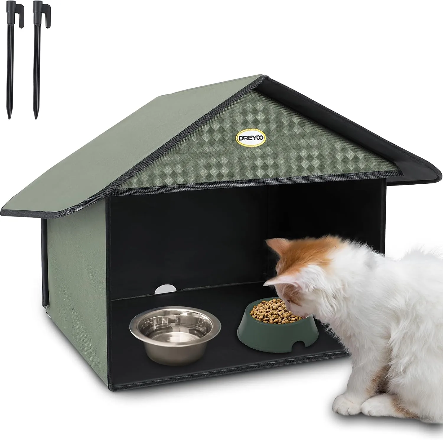 Dreyoo Outdoor Cat Feeding Station for Food & Water, Weatherproof Outdoor Kitty Dining Room Outdoor Cat Shelter for Stray, Feral Cats and Community Cats, 13”d x 17”w x 15.5'h(Dark Green)
