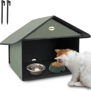 Dreyoo Outdoor Cat Feeding Station for Food & Water, Weatherproof Outdoor Kitty Dining Room Outdoor Cat Shelter for Stray, Feral Cats and Community Cats, 13”d x 17”w x 15.5'h(Dark Green)