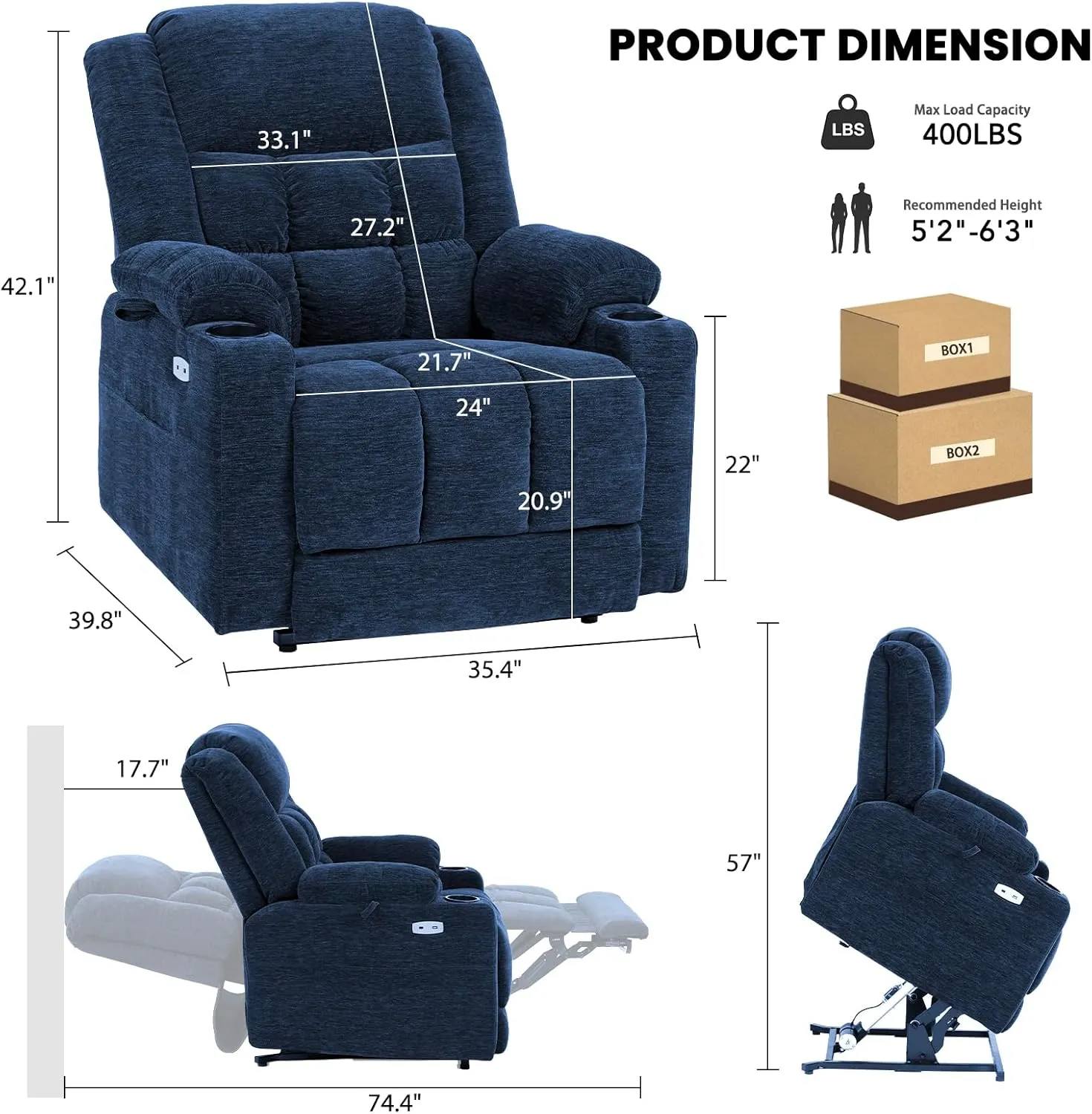 Dual Motor Lay Flat Power Lift Recliner Chair for Elderly, Electric Recliner Lift Chair for Adults with Cup Holders, 400lbs Heavy Duty Power Lift Sofa with Heat and Massage, Navy Blue