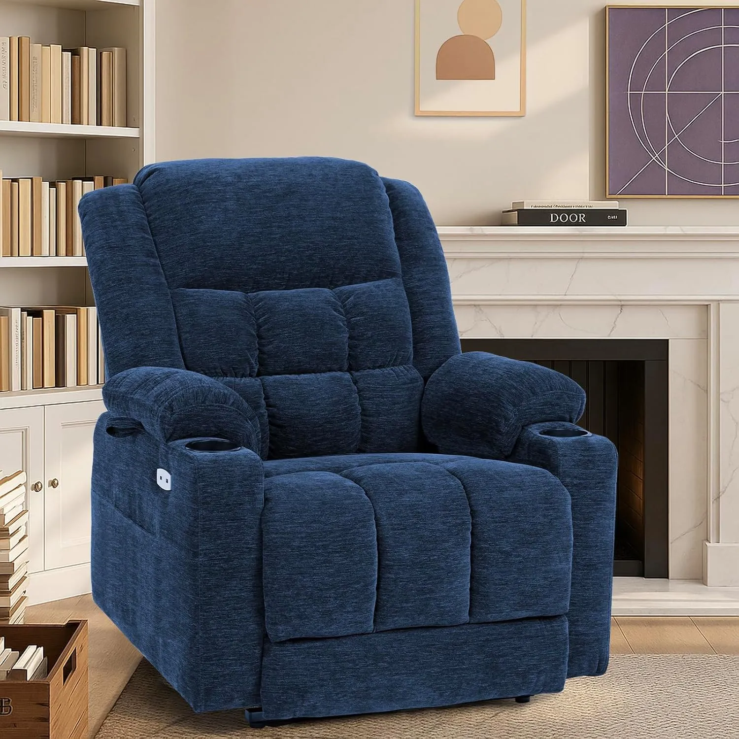 Dual Motor Lay Flat Power Lift Recliner Chair for Elderly, Electric Recliner Lift Chair for Adults with Cup Holders, 400lbs Heavy Duty Power Lift Sofa with Heat and Massage, Navy Blue