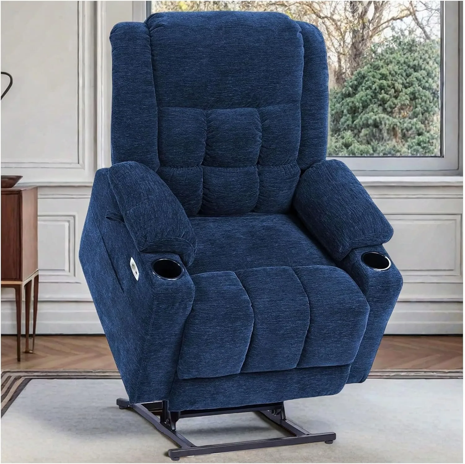 Dual Motor Lay Flat Power Lift Recliner Chair for Elderly, Electric Recliner Lift Chair for Adults with Cup Holders, 400lbs Heavy Duty Power Lift Sofa with Heat and Massage, Navy Blue