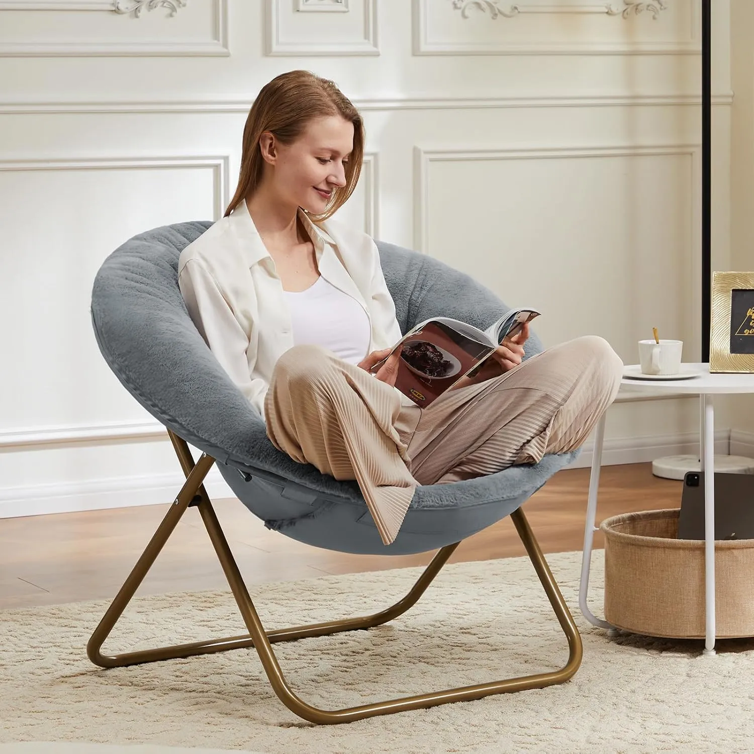 DUMOS Comfy Saucer Chairs Cozy Faux Fur Soft Lounge Cute Folding Bedroom Living Room Seat Flexible Reading Foldable Seating for Kids Adults Thick Padded Metal Frame Modern for Home Office Grey
