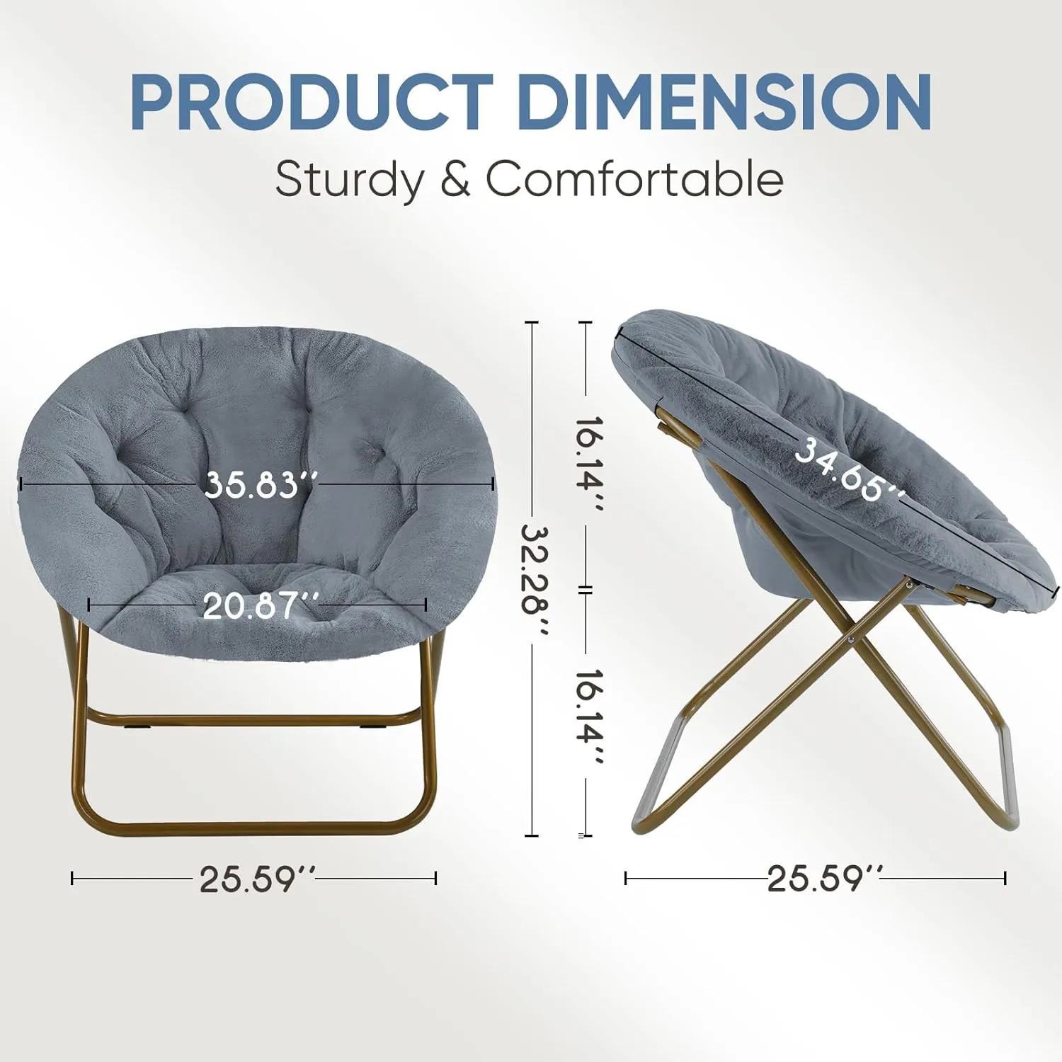 DUMOS Comfy Saucer Chairs Cozy Faux Fur Soft Lounge Cute Folding Bedroom Living Room Seat Flexible Reading Foldable Seating for Kids Adults Thick Padded Metal Frame Modern for Home Office Grey
