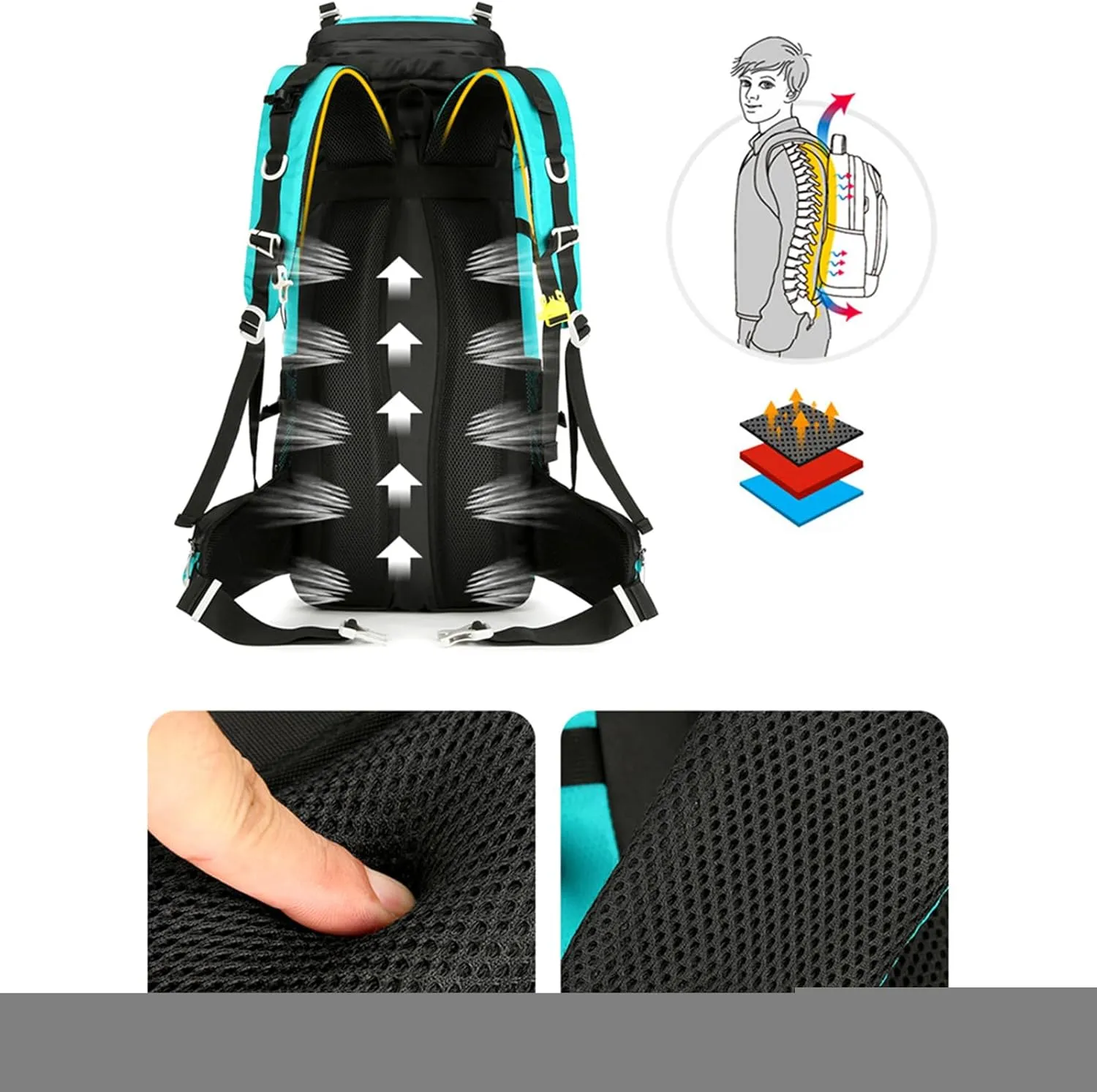 Durable Outdoor Hiking Camping Backpack 60L Capacity Mountaineering Sports Rucksack for Women and Men, Black, app. 34x25x72cm /13.38x9.84x28.34in