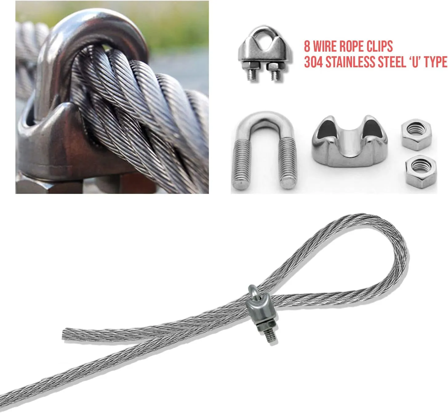 E&K Sunrise Shade Sail Hardware Kit,50-Feet Wire Rope and 8 Pcs Clamps Coated Steel Cable 3/16 inch - 1/4 inch (4.78 mm - 6.35 mm) Perfect for Set up Your Shade sail