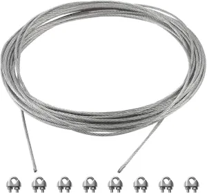 E&K Sunrise Shade Sail Hardware Kit,50-Feet Wire Rope and 8 Pcs Clamps Coated Steel Cable 3/16 inch - 1/4 inch (4.78 mm - 6.35 mm) Perfect for Set up Your Shade sail