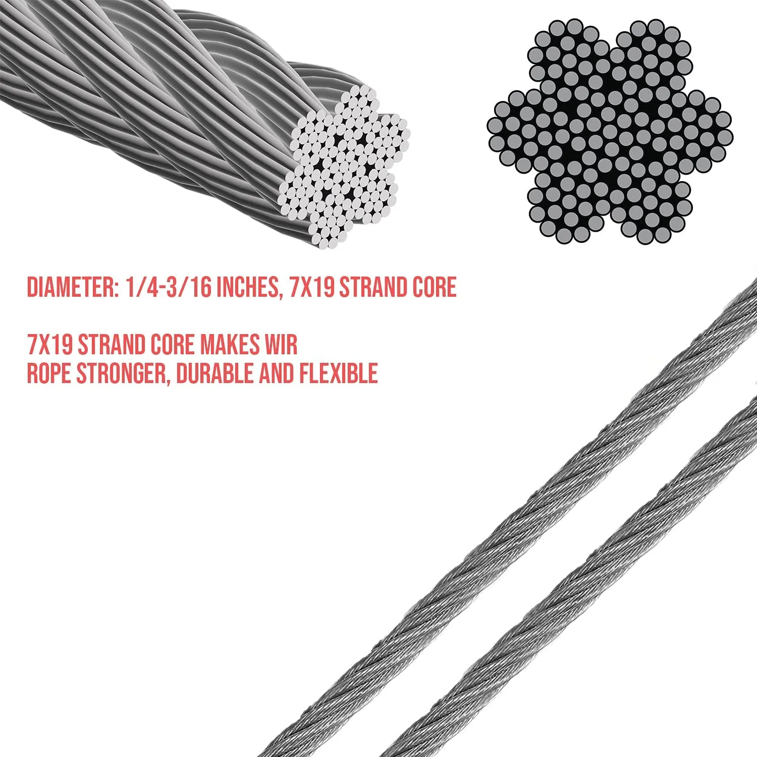 E&K Sunrise Shade Sail Hardware Kit,50-Feet Wire Rope and 8 Pcs Clamps Coated Steel Cable 3/16 inch - 1/4 inch (4.78 mm - 6.35 mm) Perfect for Set up Your Shade sail