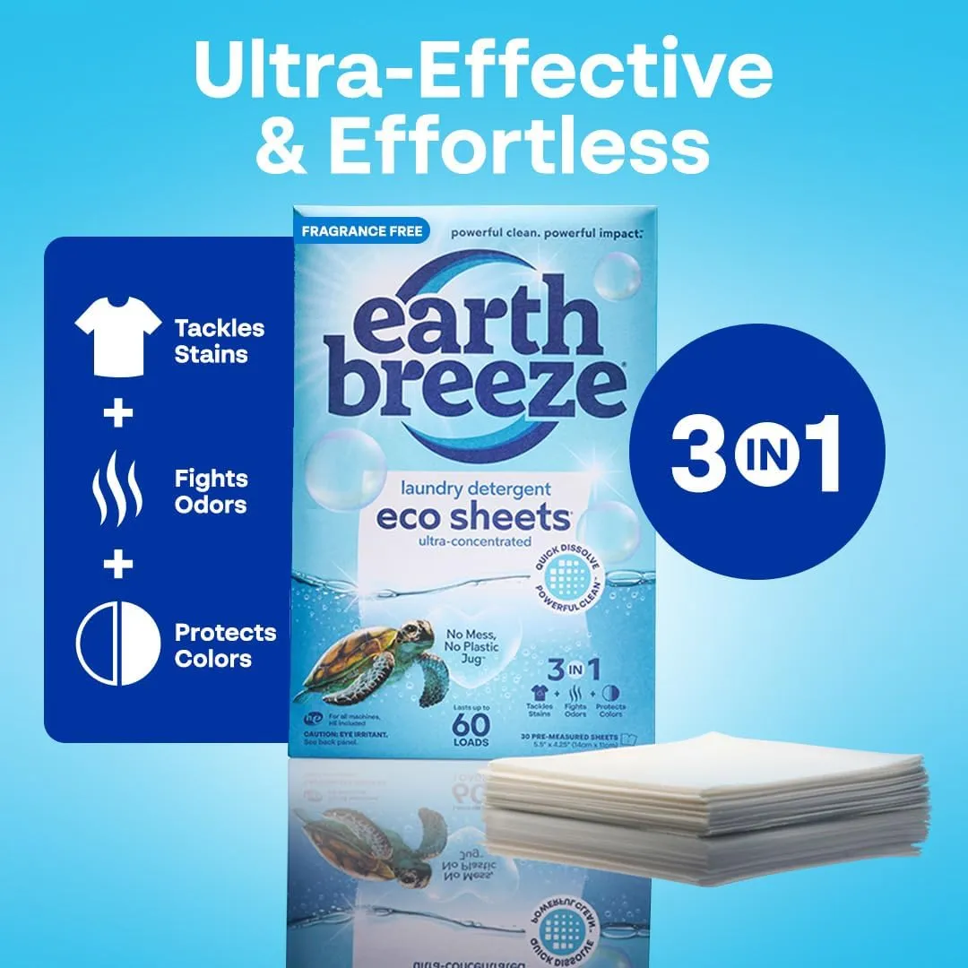 Earth Breeze Laundry Detergent Sheets Fragrance-Free - 60 Loads Eco Liquidless Soap - Travel-Friendly for Hot & Cold Cycles, Tackles Tough Stains & Odors - Gentle on Sensitive Skin, 90 Ct (3 Pack)