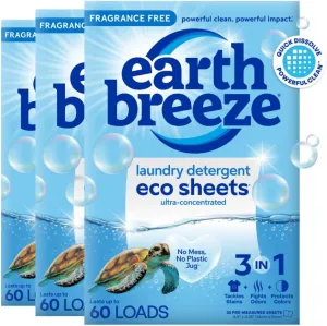Earth Breeze Laundry Detergent Sheets Fragrance-Free - 60 Loads Eco Liquidless Soap - Travel-Friendly for Hot & Cold Cycles, Tackles Tough Stains & Odors - Gentle on Sensitive Skin, 90 Ct (3 Pack)